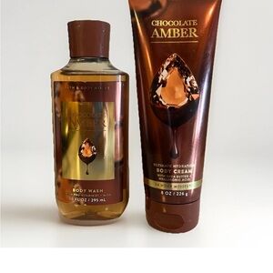 Bath & Body Works Chocolate Amber Body Wash and Body Cream Set, New